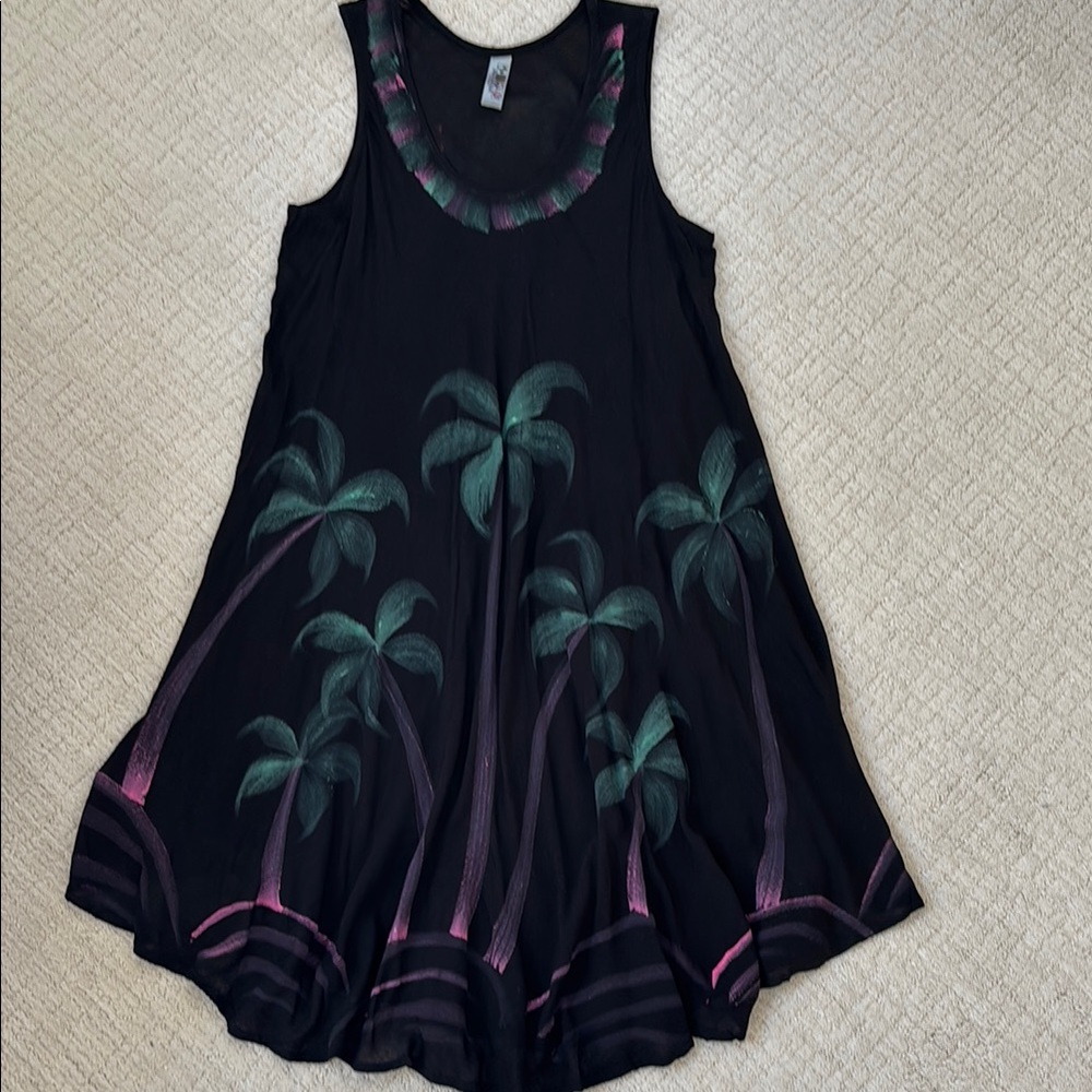 NWOT India Boutique Black, Green, Purple Palm Tree Print Sleeveless Sundress OS